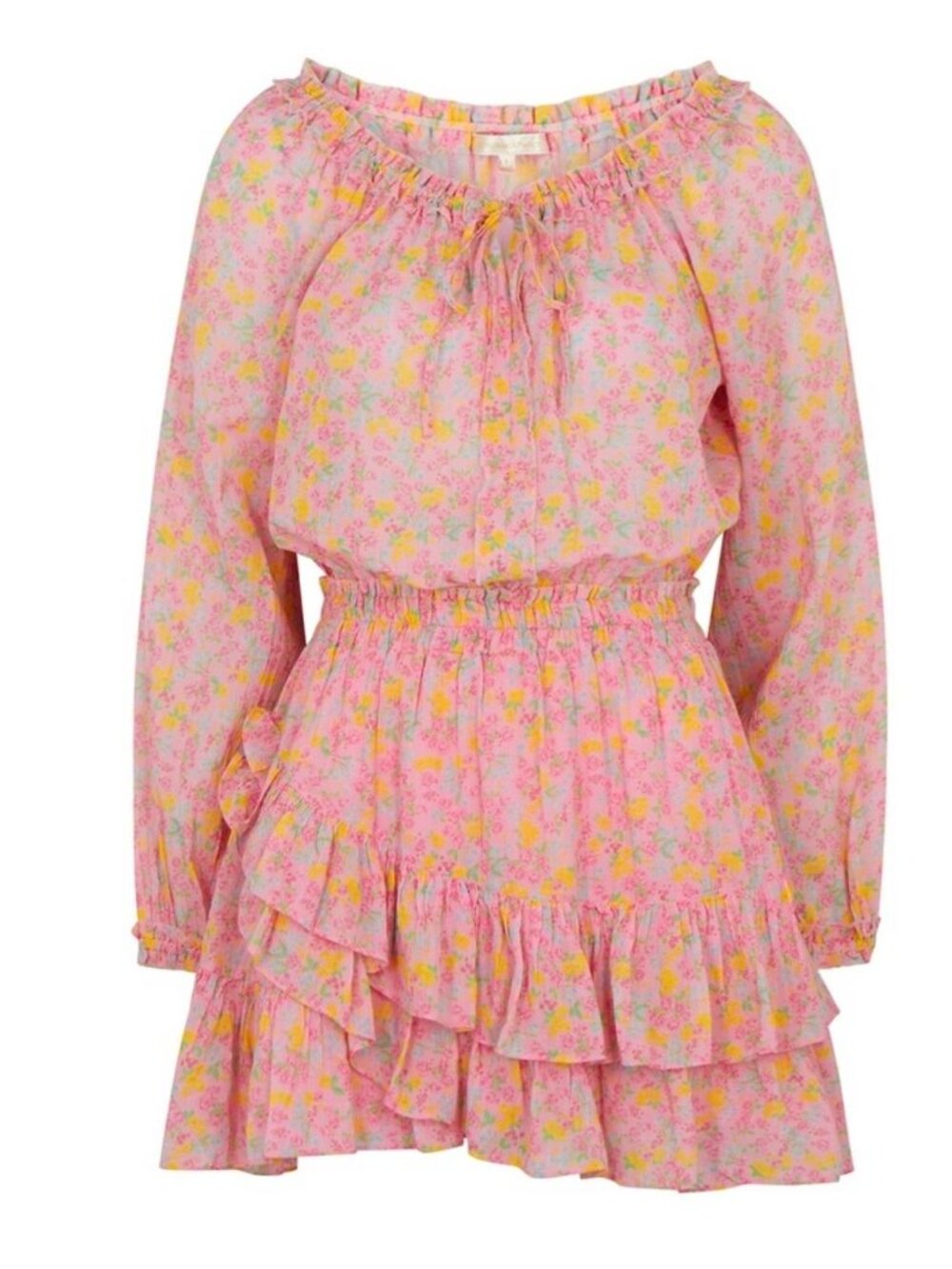 LoveShackFancy Pink yellow Floral Rayna Cotton Mini Dress size S Ruffled Layers